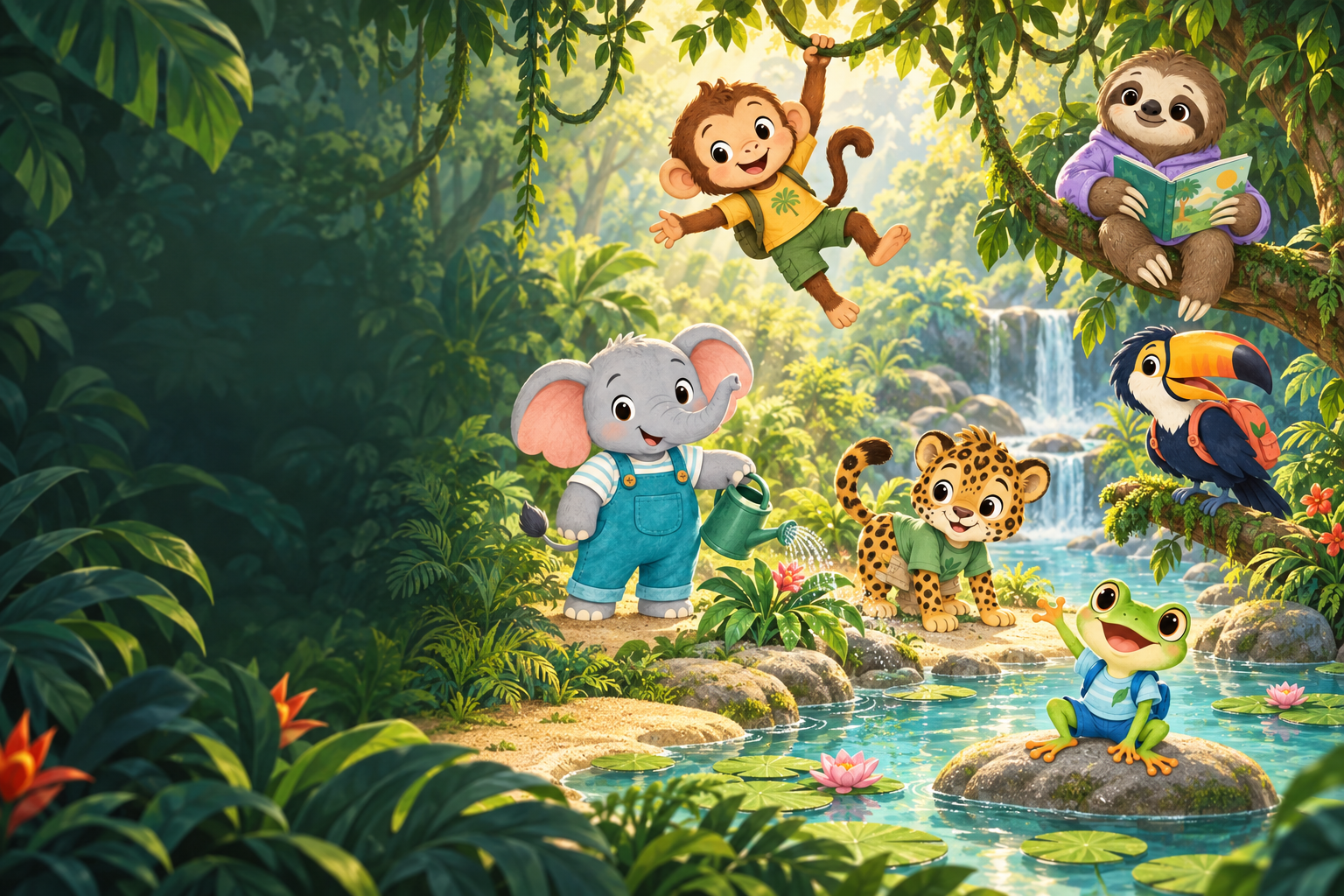 Our jungle friends exploring a leafy watering hole together.